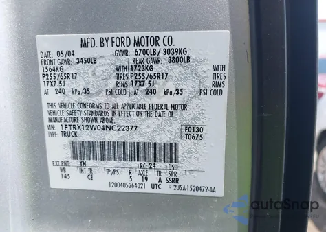 2004 Ford F-150 Stx/Xl/Xlt из США, поврежденный, VIN 1FTRX12W04NC22377